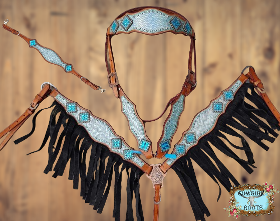 Metallic Teal Toned Rainbow Effect Suede Fringe Bling Horse Tack bridle Set with Wither Strap