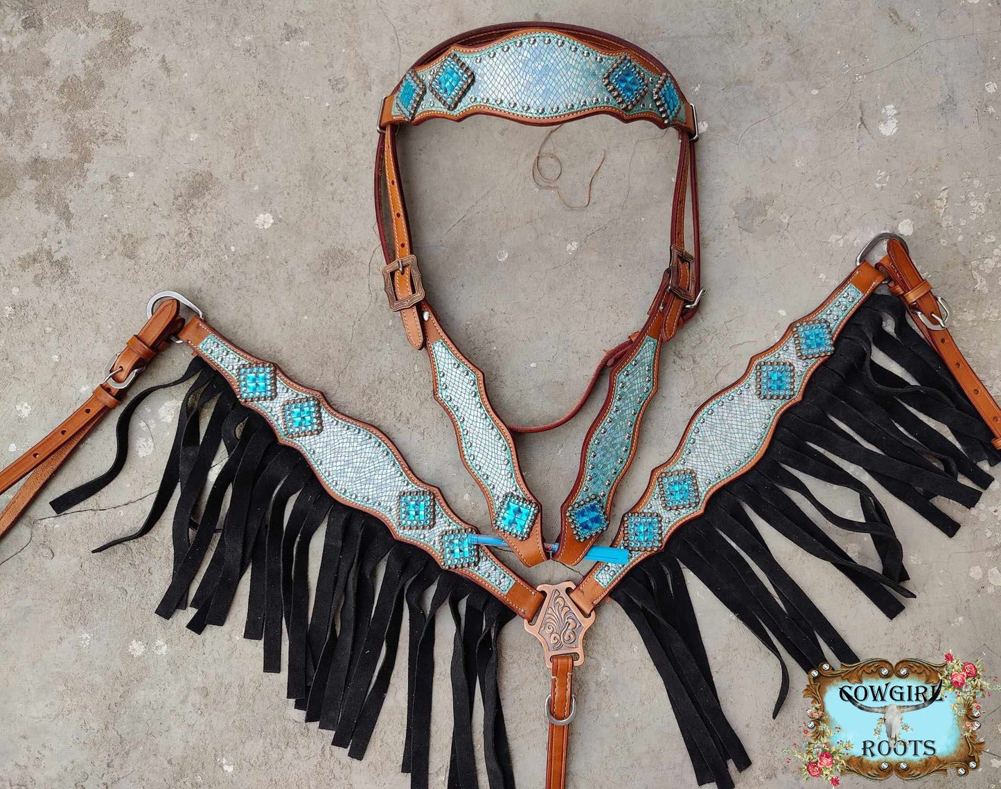 Metallic Teal Toned Rainbow Effect Suede Fringe Bling Horse Tack bridle Set with Wither Strap