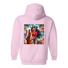 Load image into Gallery viewer, Hawaiian Cowgirl on Horse Design on Back Front Pocket Hoodies
