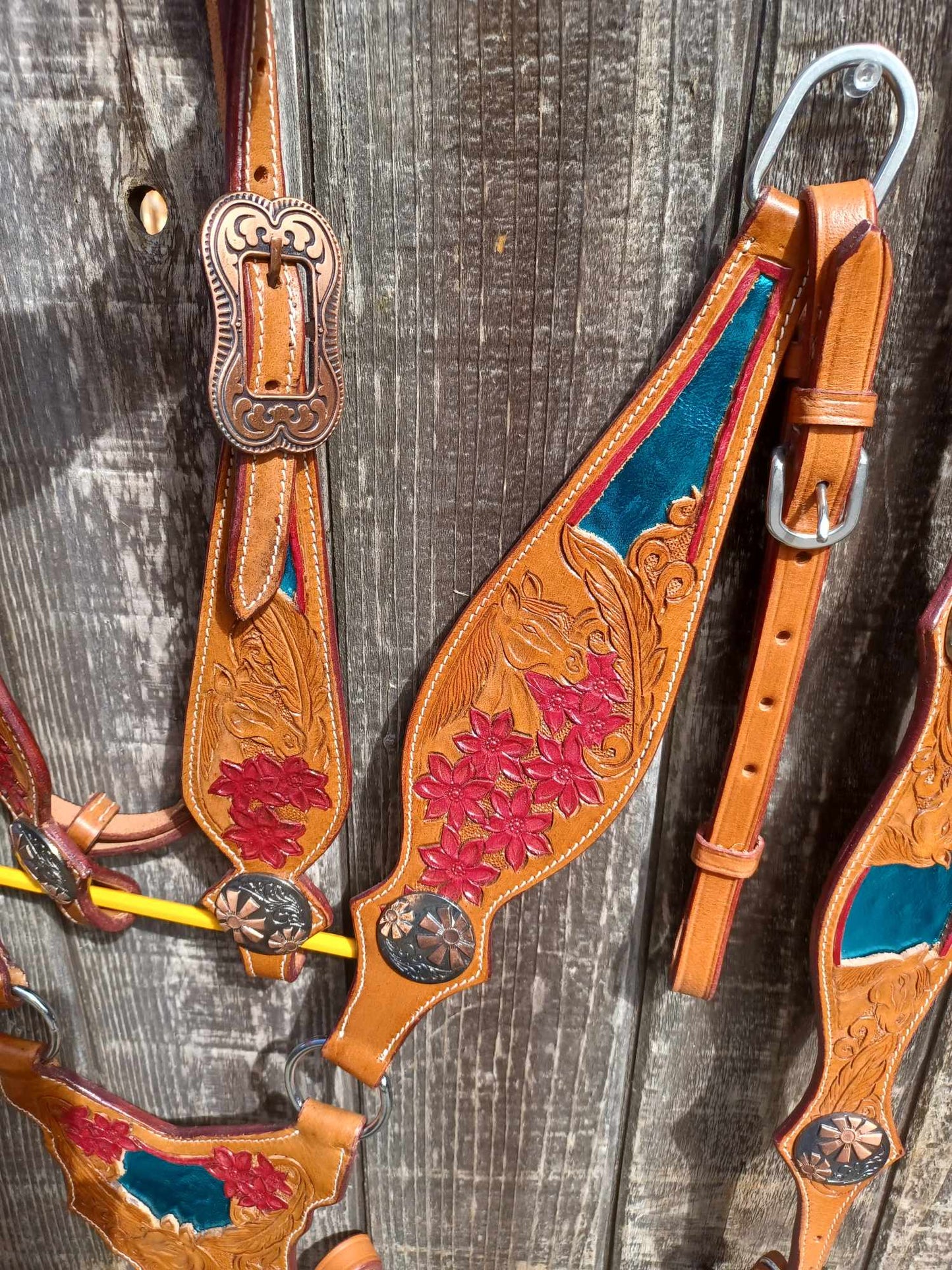 Horses Feather Flowers Headstall Breast Collar Wither Strap Medium Turquoise