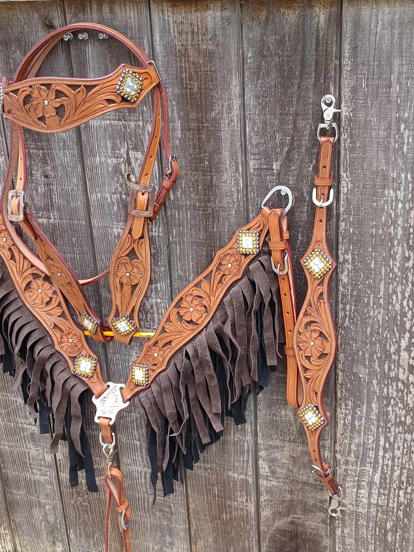 Western Bloom Chocolate, Horse Headstall Breast Collar Set Double Fringe, Wither Strap