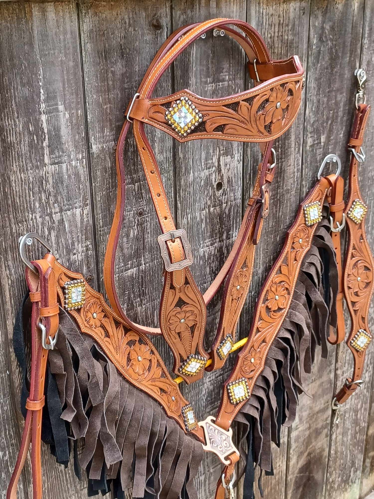 Western Bloom Chocolate, Horse Headstall Breast Collar Set Double Fringe, Wither Strap