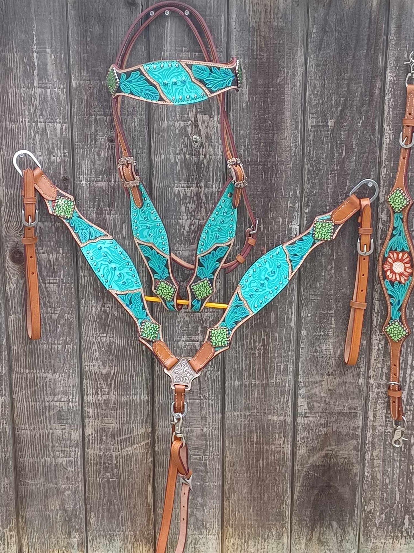 Tropical Turquoise Floral Filigree Tooled and Painted Horse Tack Bridle Set