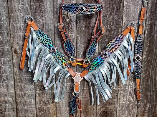 Octavia Black AB Bling Headstall  Breast Collar Set Fringe Wither Strap