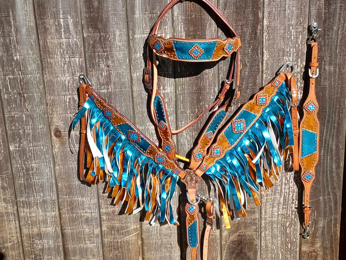 Teal and Orange Metallic Bling Horse Tack Fringe Bridle Set with Wither Strap