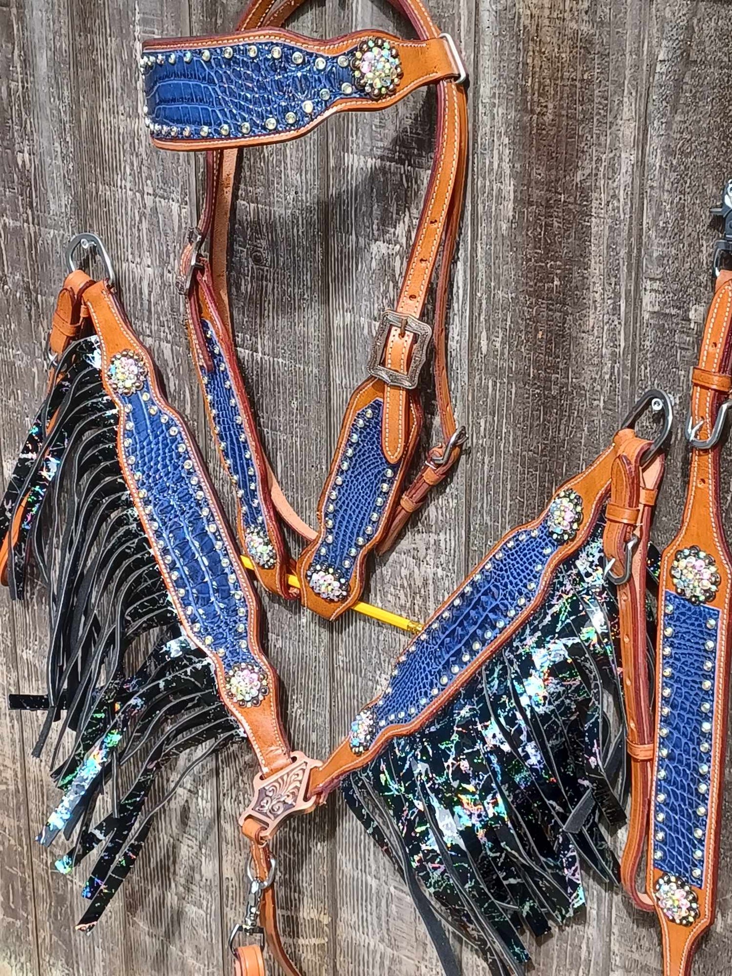 Electric Slide Purple Croc AB Crackle Fringe Headstall Breast Collar Set Wither Strap