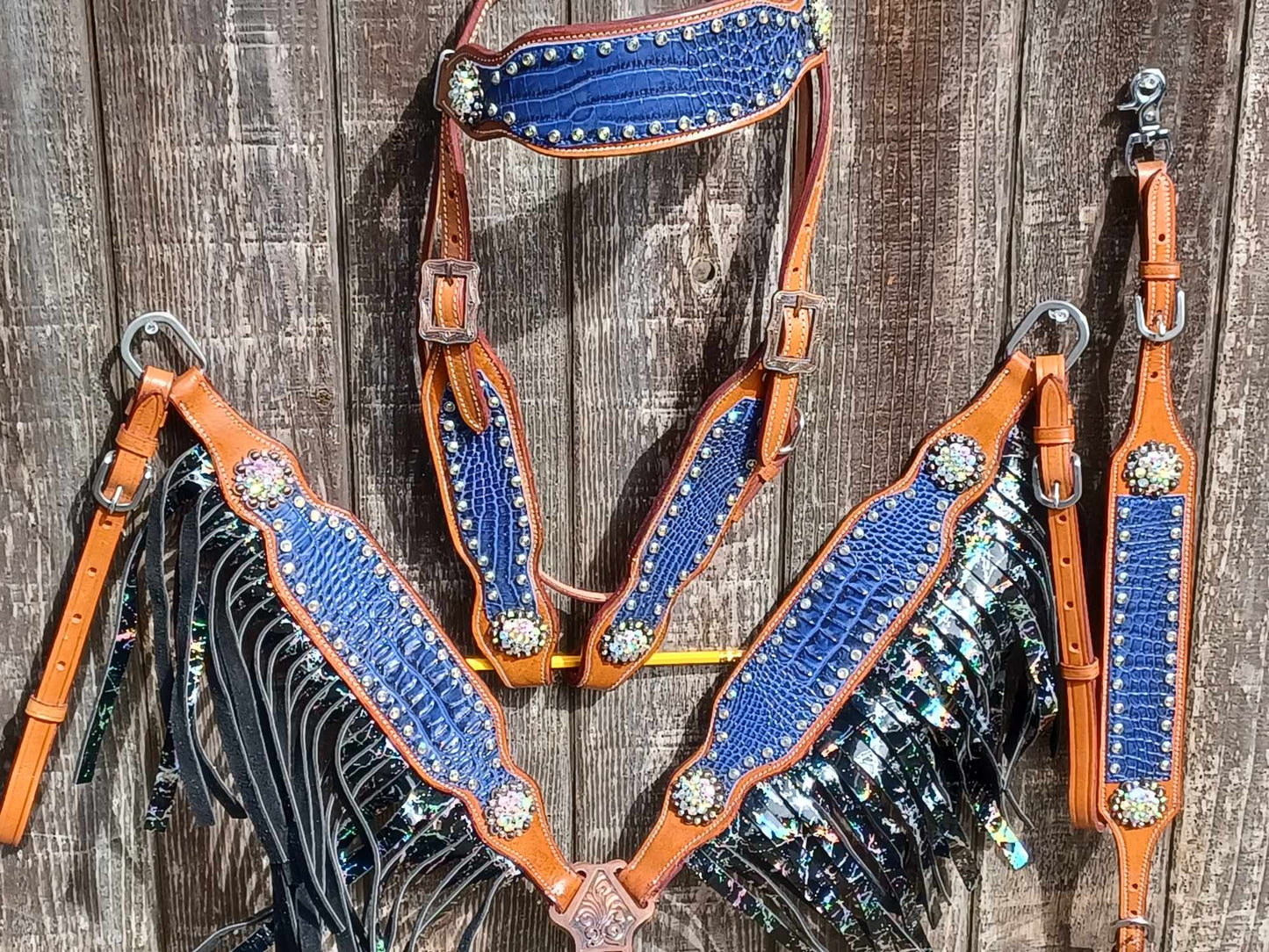 Electric Slide Purple Croc AB Crackle Fringe Headstall Breast Collar Set Wither Strap