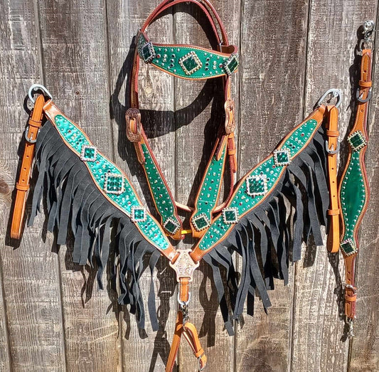 Green Metallic Overlay with Black Suede Fringe Horse Tack Bridle Set with Wither Strap