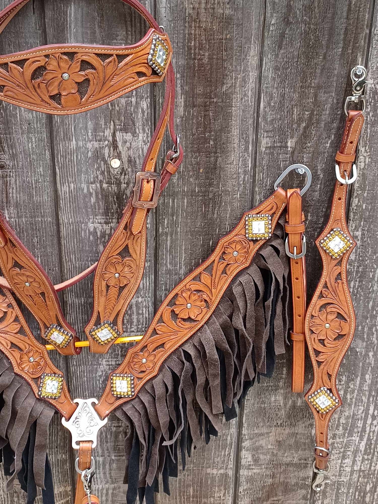 Western Bloom Chocolate, Horse Headstall Breast Collar Set Double Fringe, Wither Strap