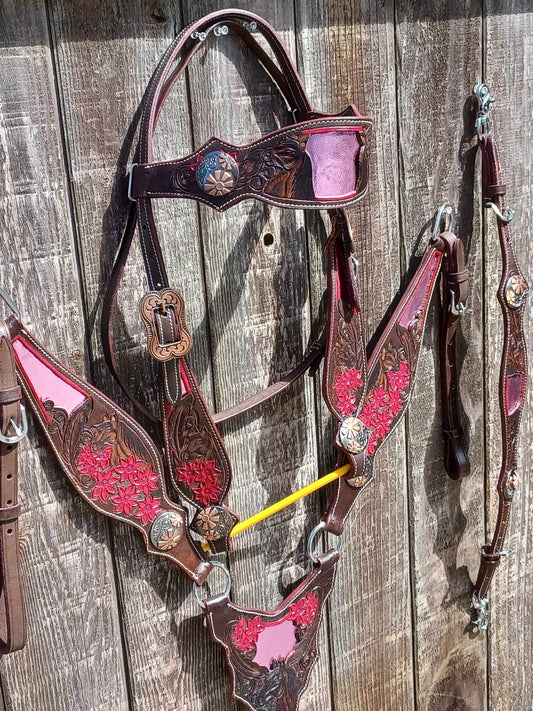 Horses Feathers Flowers Headstall and Breast Collar Sets Wither Strap Pink