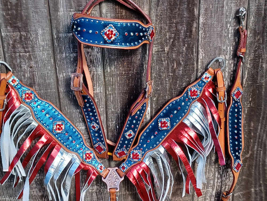 WONDER WOMAN Patriotic Full Brow Metallic Fringe Flag Horse Tack Bridle Set with Wither Strap