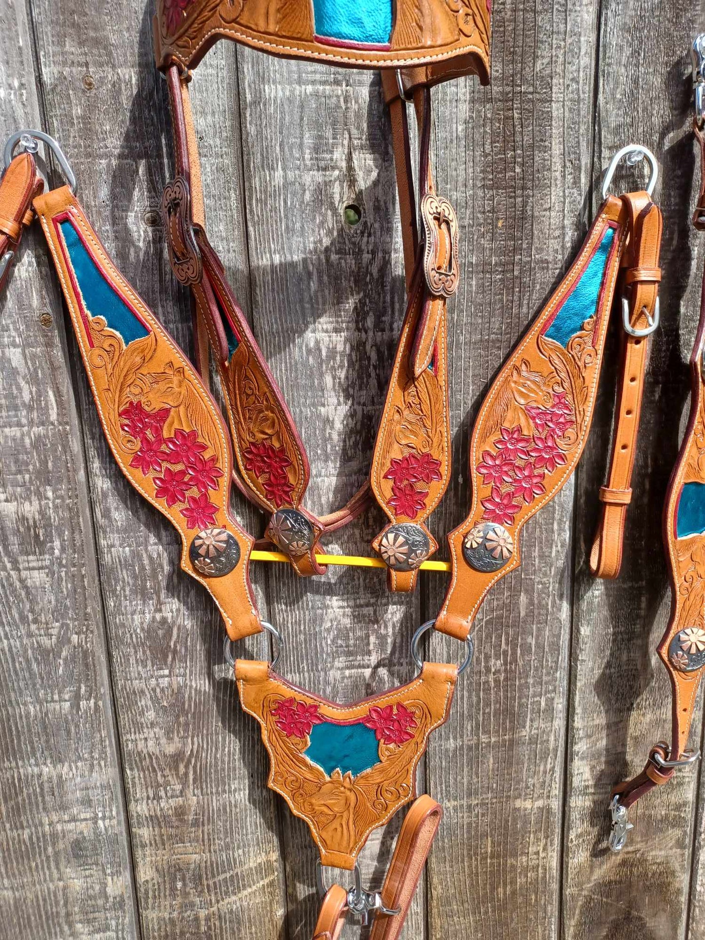 Horses Feather Flowers Headstall Breast Collar Wither Strap Medium Turquoise