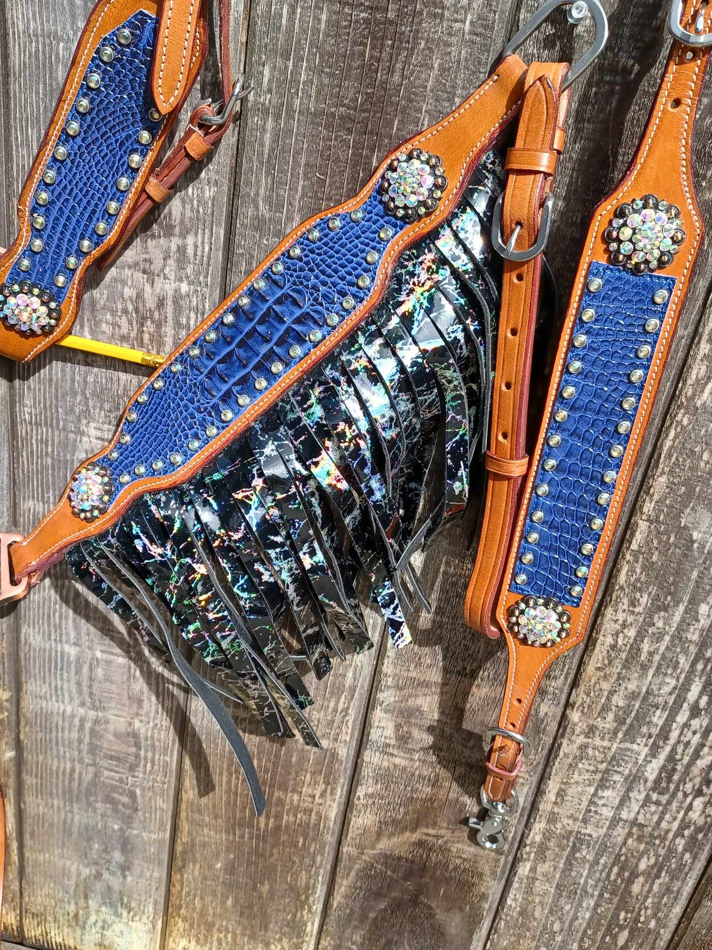 Electric Slide Purple Croc AB Crackle Fringe Headstall Breast Collar Set Wither Strap