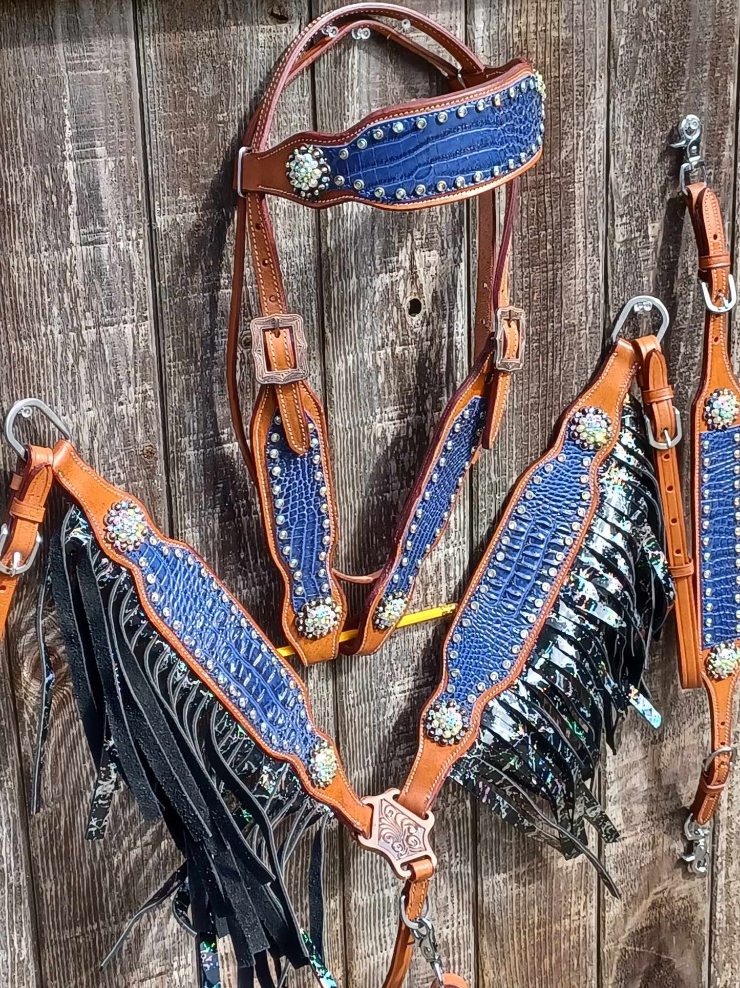 Electric Slide Purple Croc AB Crackle Fringe Headstall Breast Collar Set Wither Strap