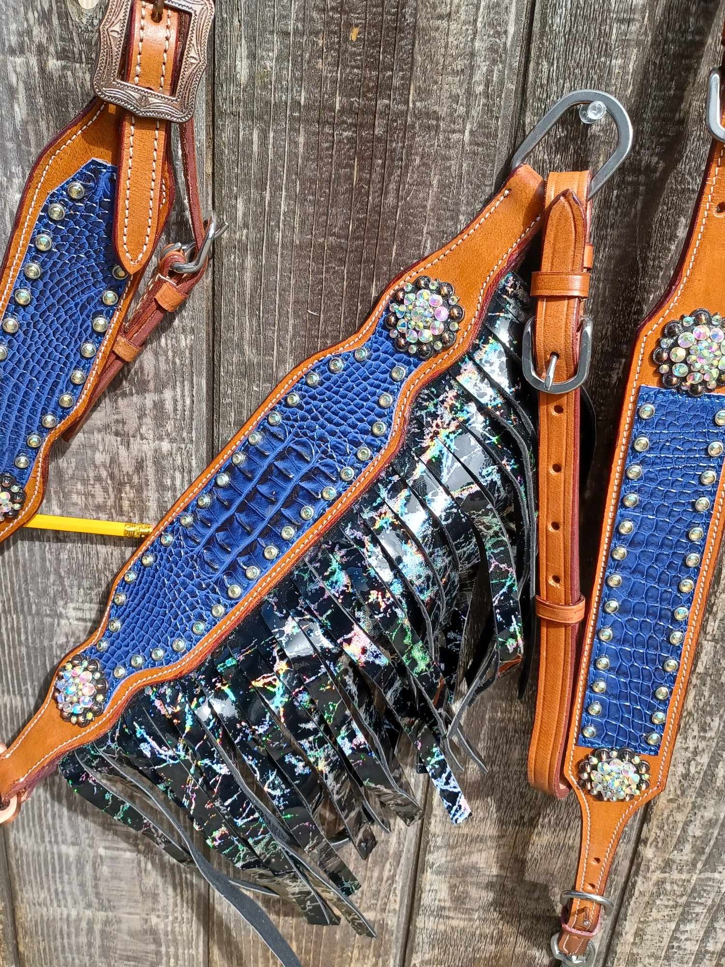 Electric Slide Purple Croc AB Crackle Fringe Headstall Breast Collar Set Wither Strap