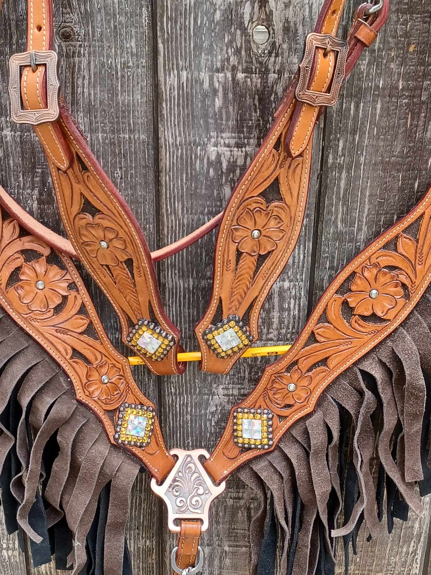 Western Bloom Chocolate, Horse Headstall Breast Collar Set Double Fringe, Wither Strap