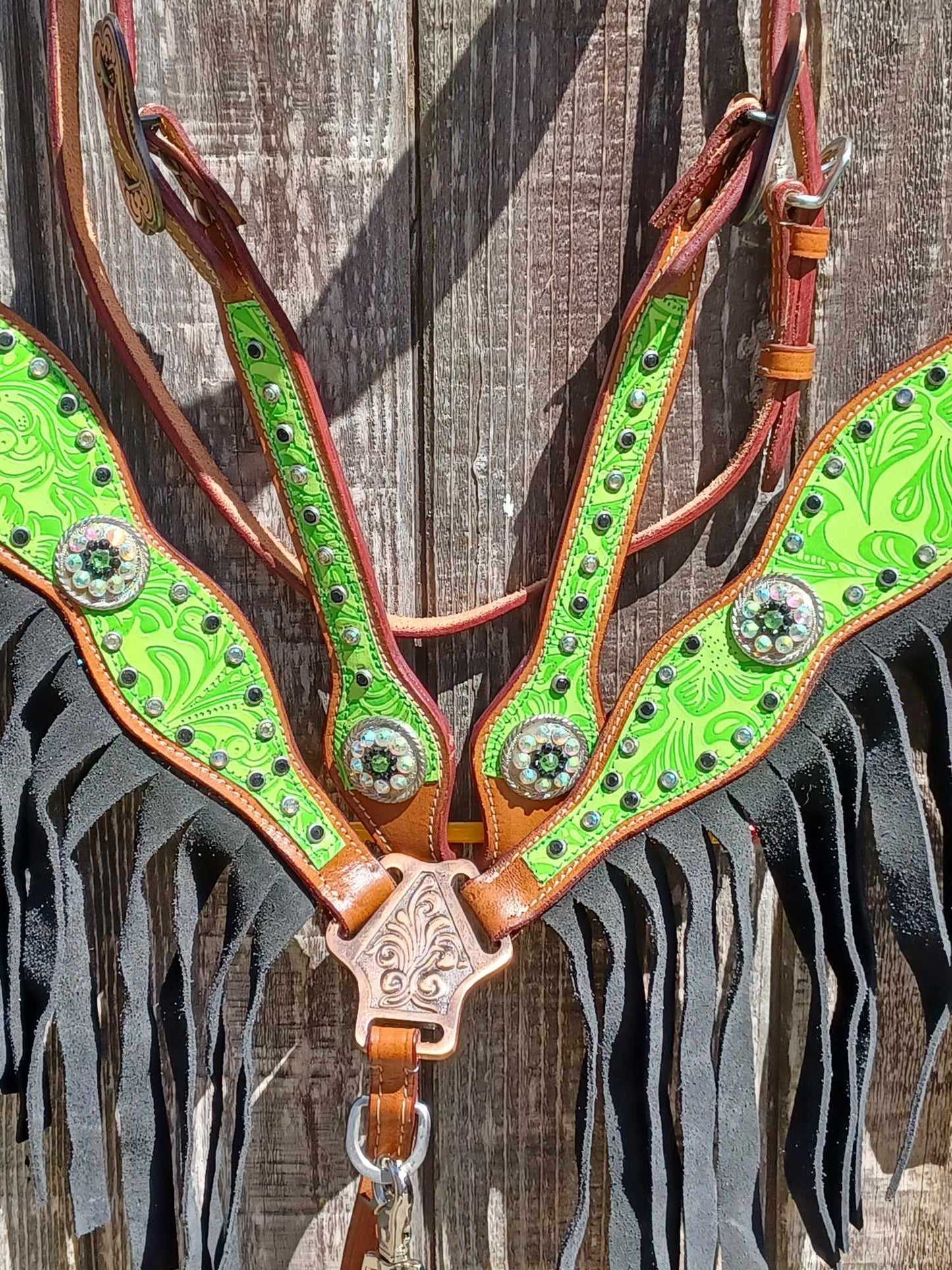 Lime Green Tropical Flower Fringe Horse Tack Bridle Set with Wither Strap