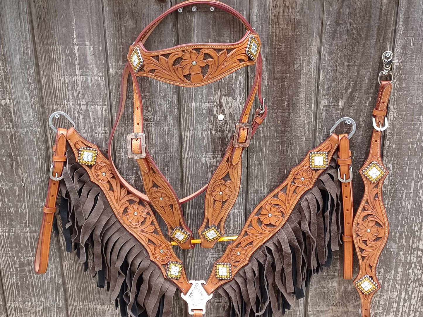 Western Bloom Chocolate, Horse Headstall Breast Collar Set Double Fringe, Wither Strap