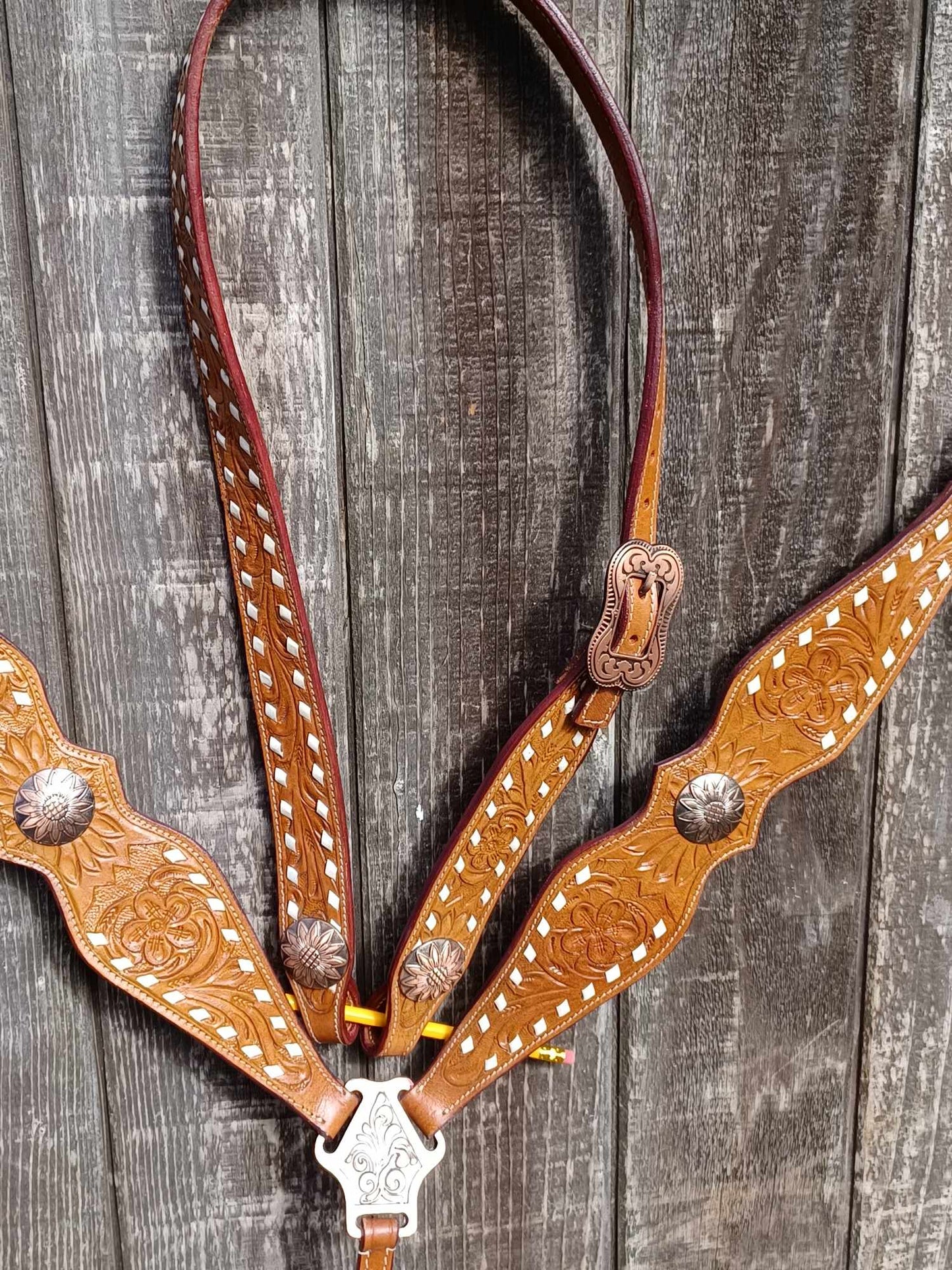 Flower Tooled White Buck-Stitch Horse Tack Bridle Set with Wither Strap