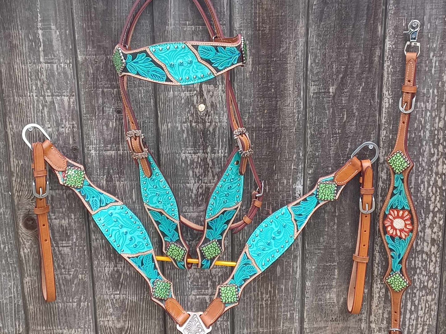 Tropical Turquoise Floral Filigree Tooled and Painted Horse Tack Bridle Set