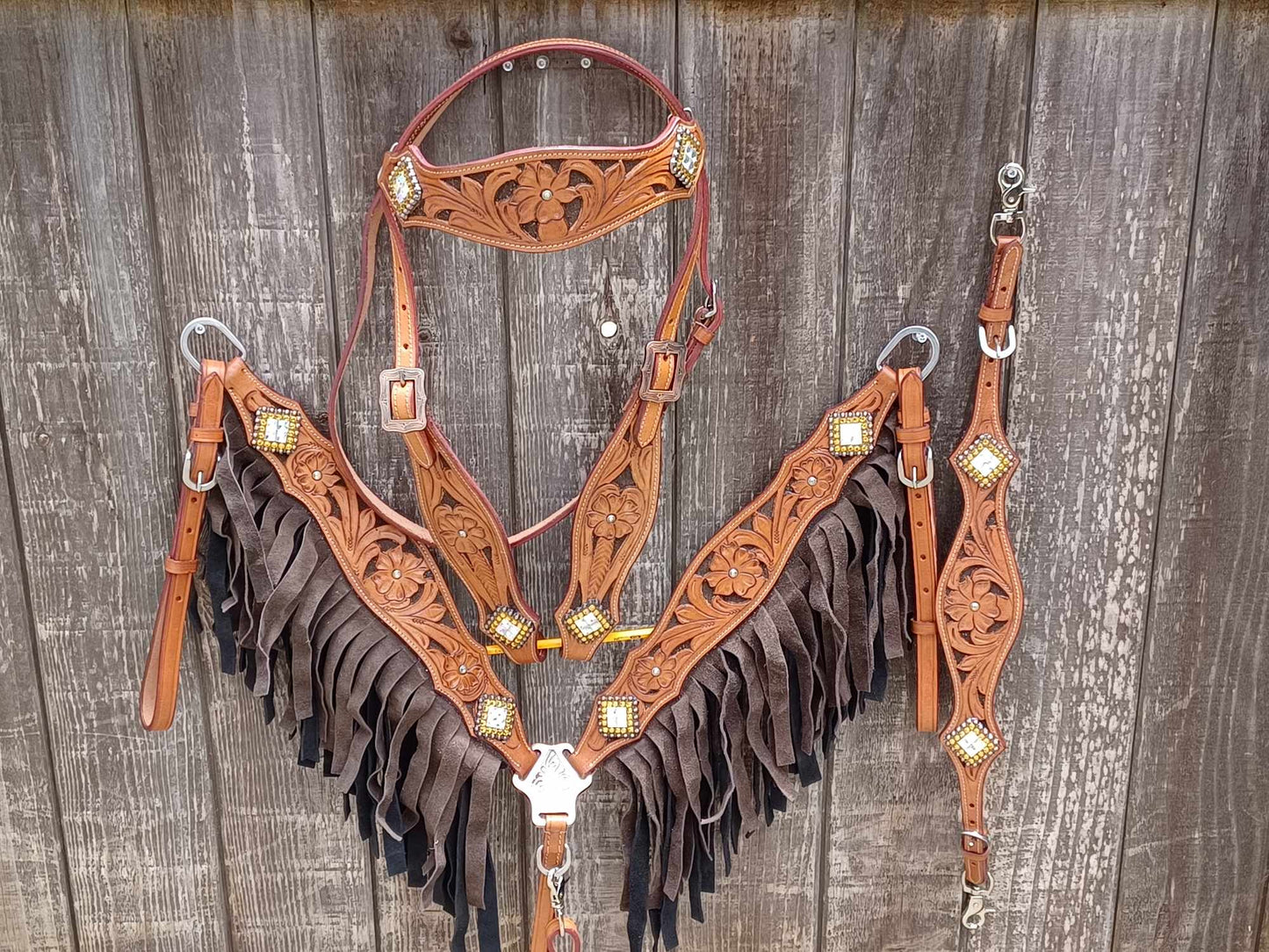 Western Bloom Chocolate, Horse Headstall Breast Collar Set Double Fringe, Wither Strap