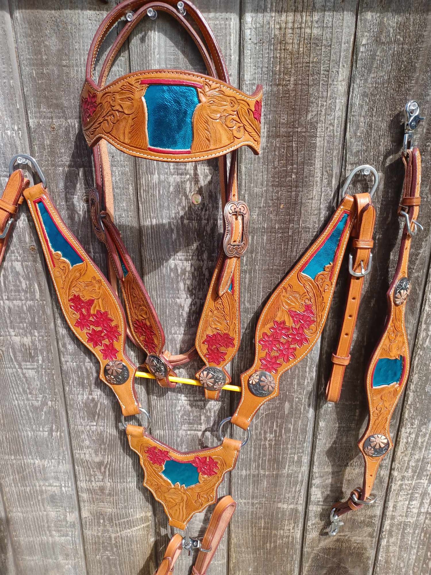 Horses Feather Flowers Headstall Breast Collar Wither Strap Medium Turquoise