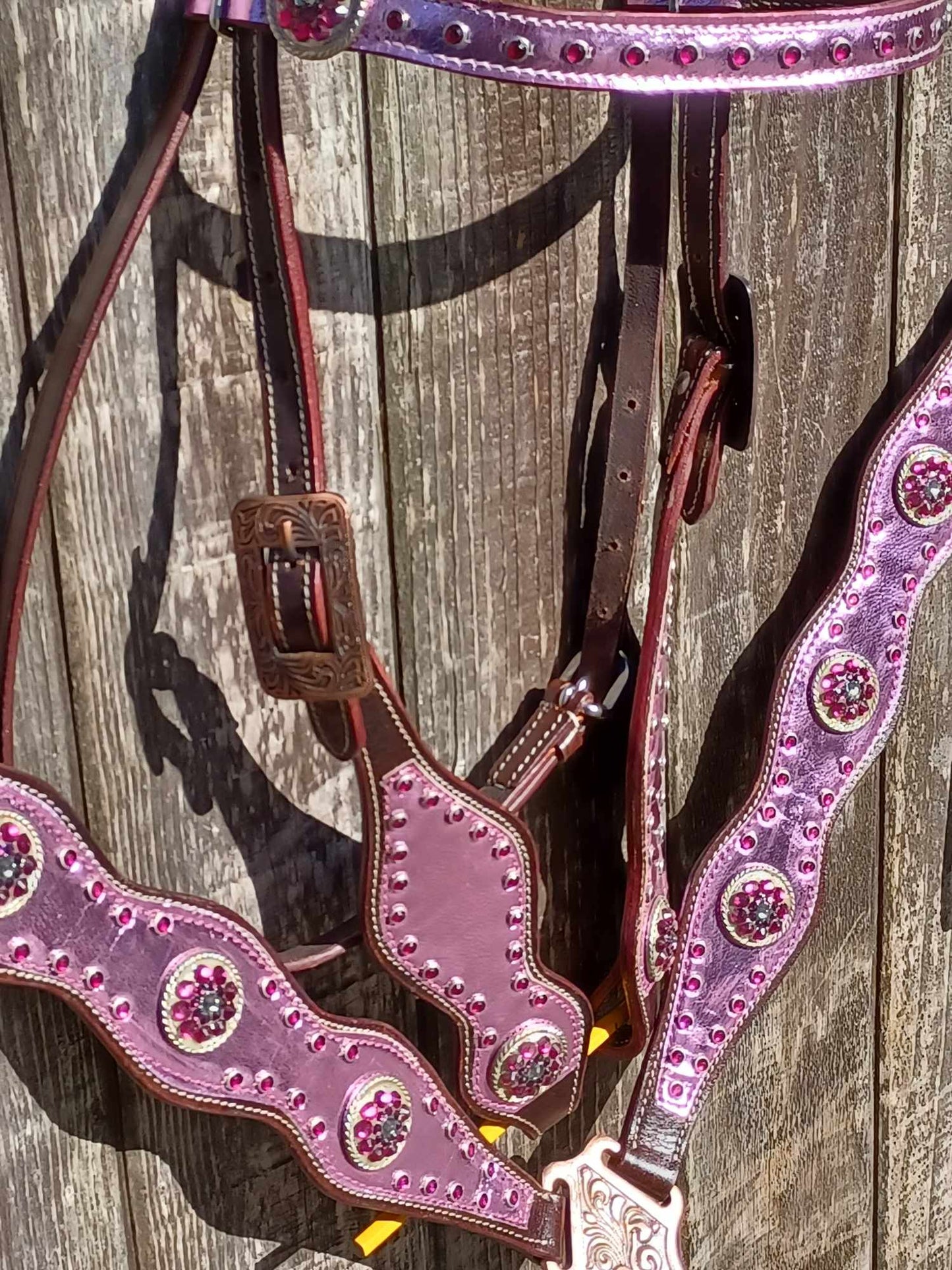 Metallic Pink Overlay and Choc. Leathers 3pc Horse Tack Bridle Set