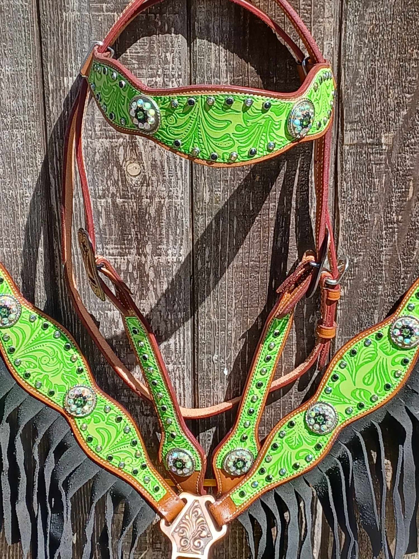 Lime Green Tropical Flower Fringe Horse Tack Bridle Set with Wither Strap