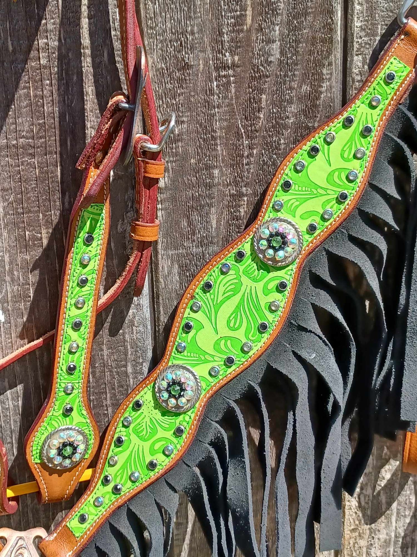 Lime Green Tropical Flower Fringe Horse Tack Bridle Set with Wither Strap