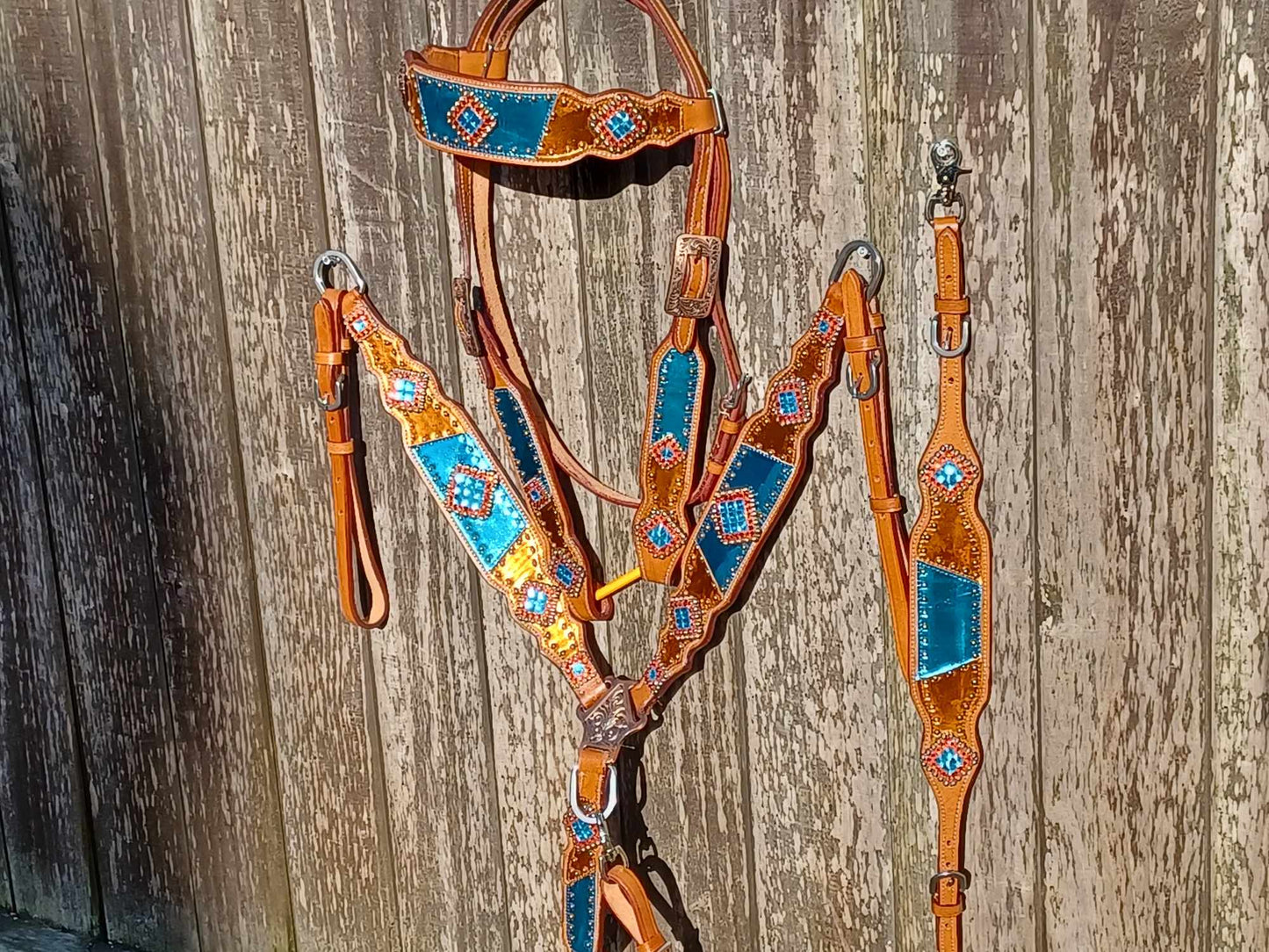 Teal and Orange Metallic Bling Horse Tack Bridle Set with Wither Strap