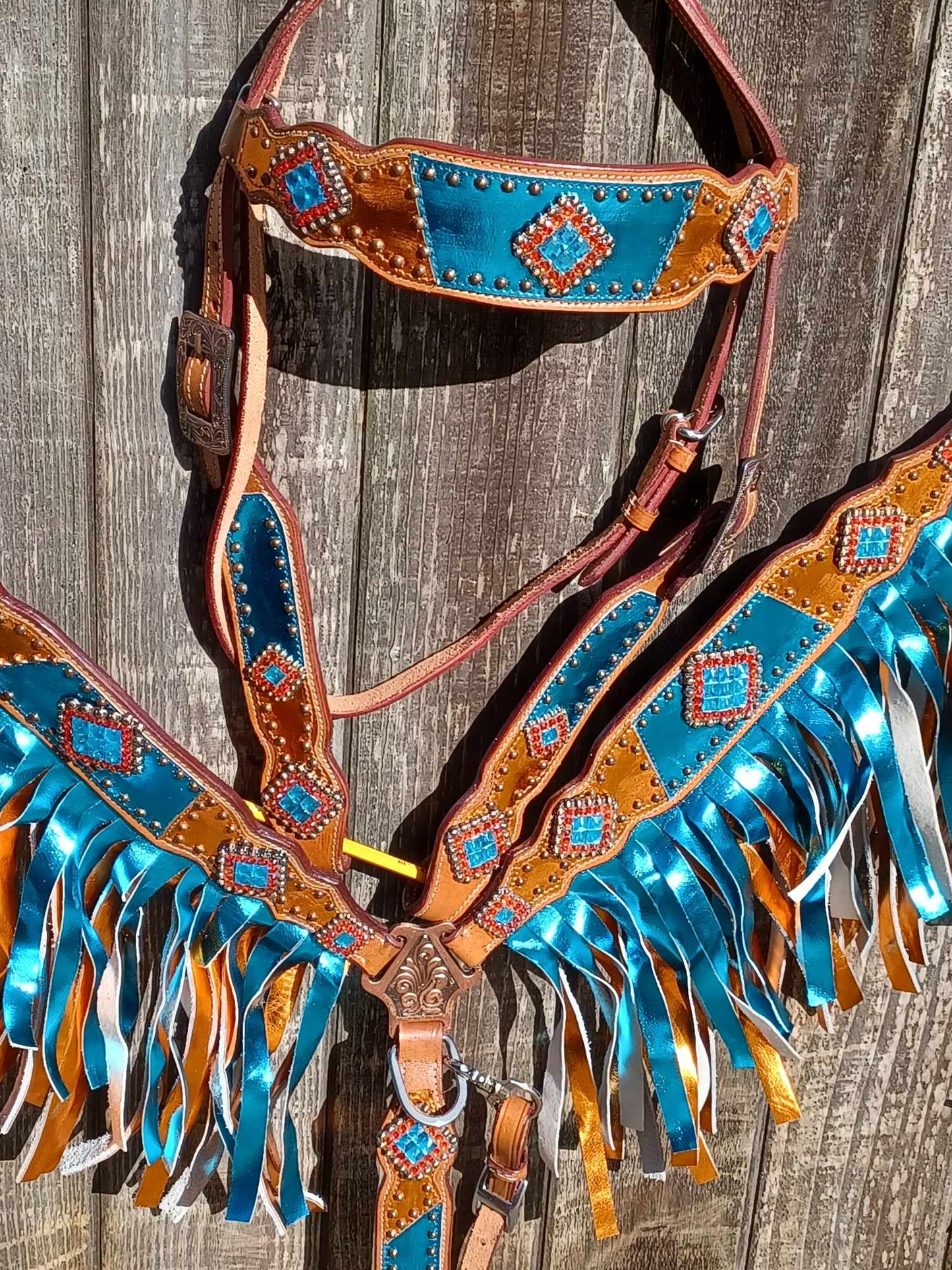 Teal and Orange Metallic Bling Horse Tack Fringe Bridle Set with Wither Strap