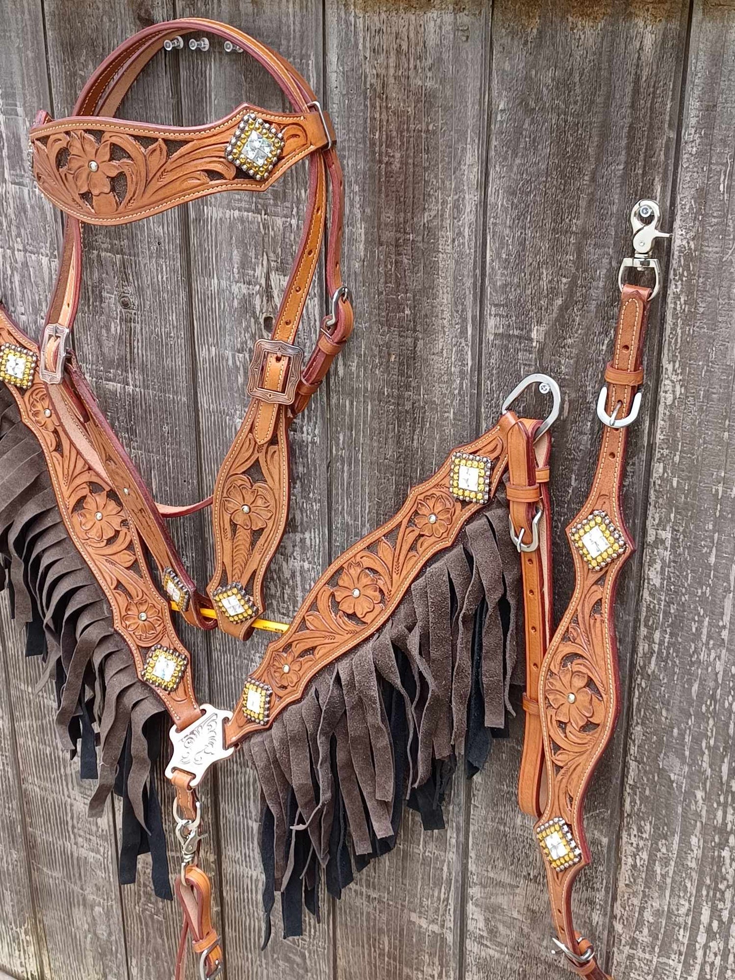 Western Bloom Chocolate, Horse Headstall Breast Collar Set Double Fringe, Wither Strap