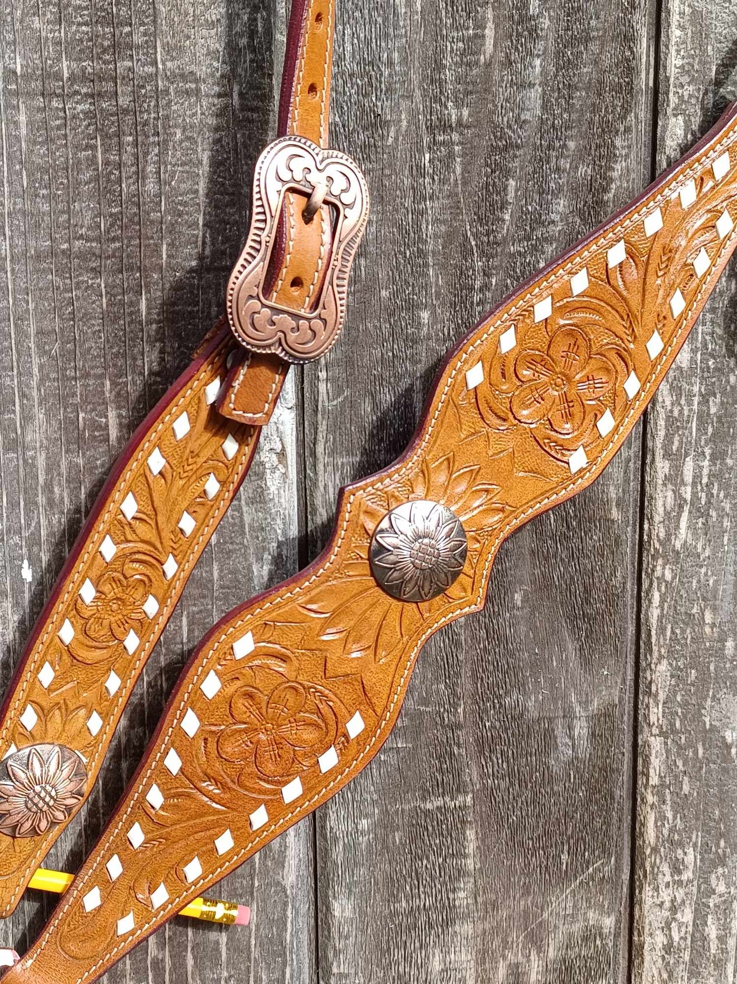 Flower Tooled White Buck-Stitch Horse Tack Bridle Set with Wither Strap