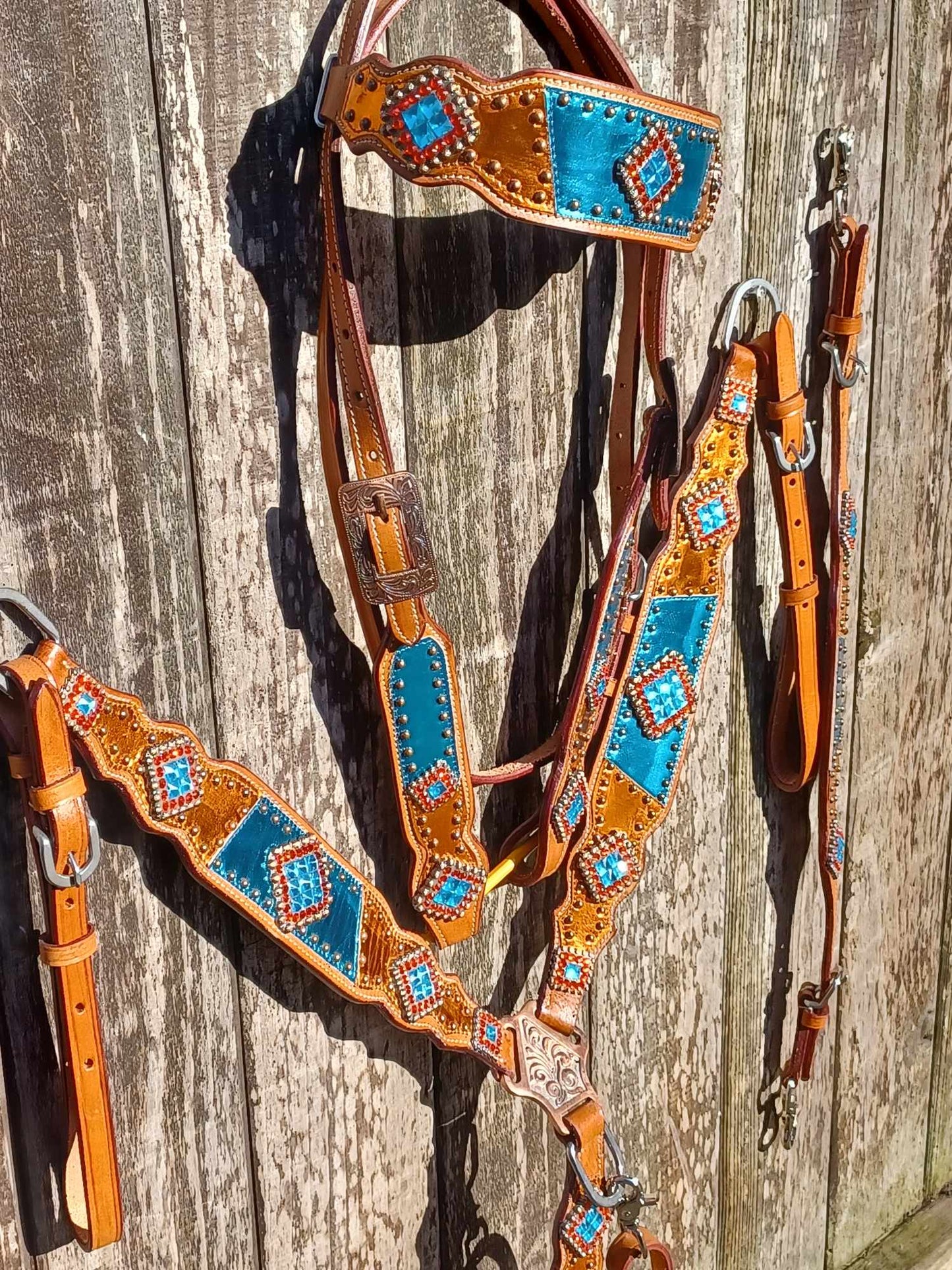 Teal and Orange Metallic Bling Horse Tack Bridle Set with Wither Strap