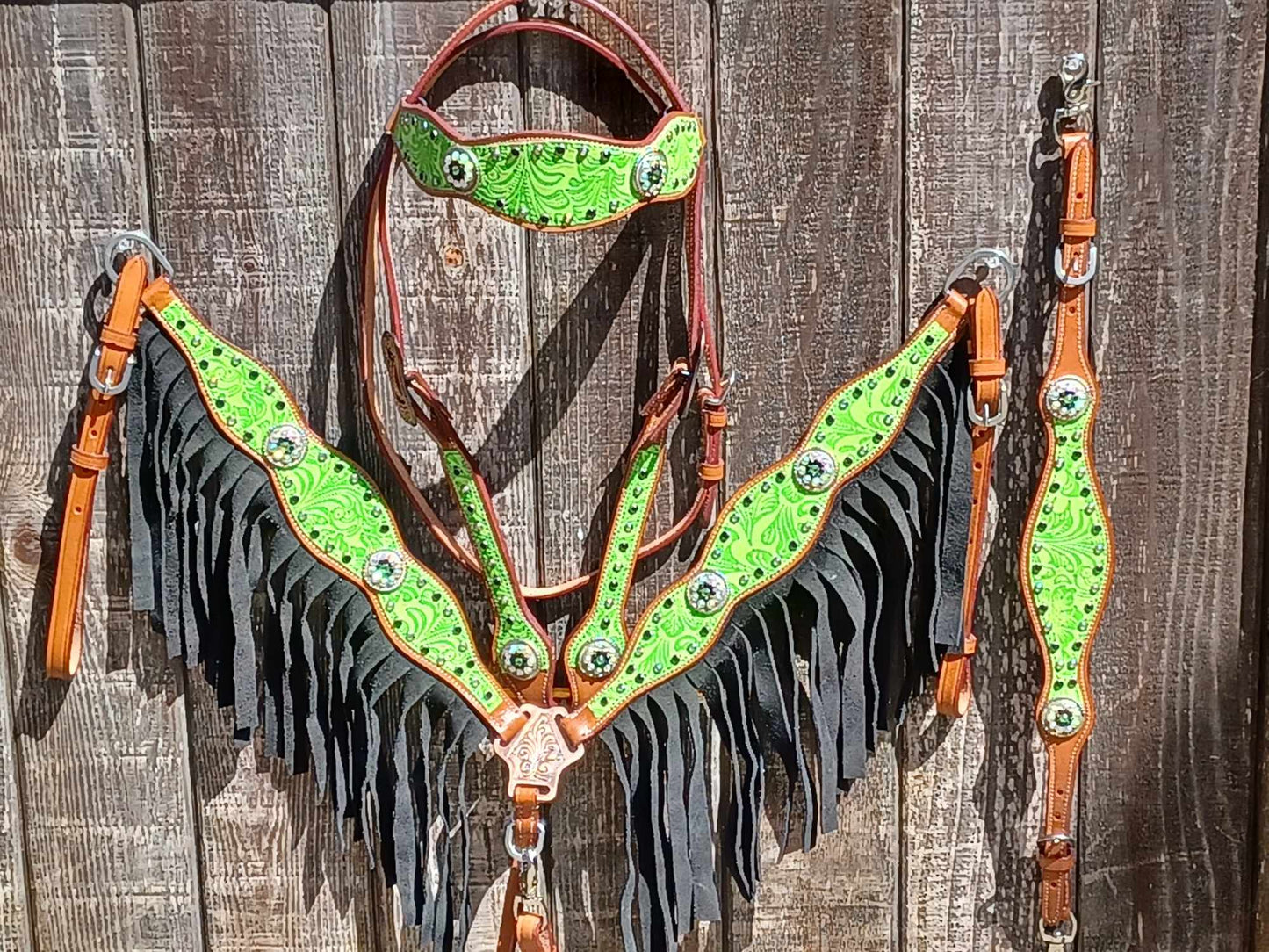 Lime Green Tropical Flower Fringe Horse Tack Bridle Set with Wither Strap