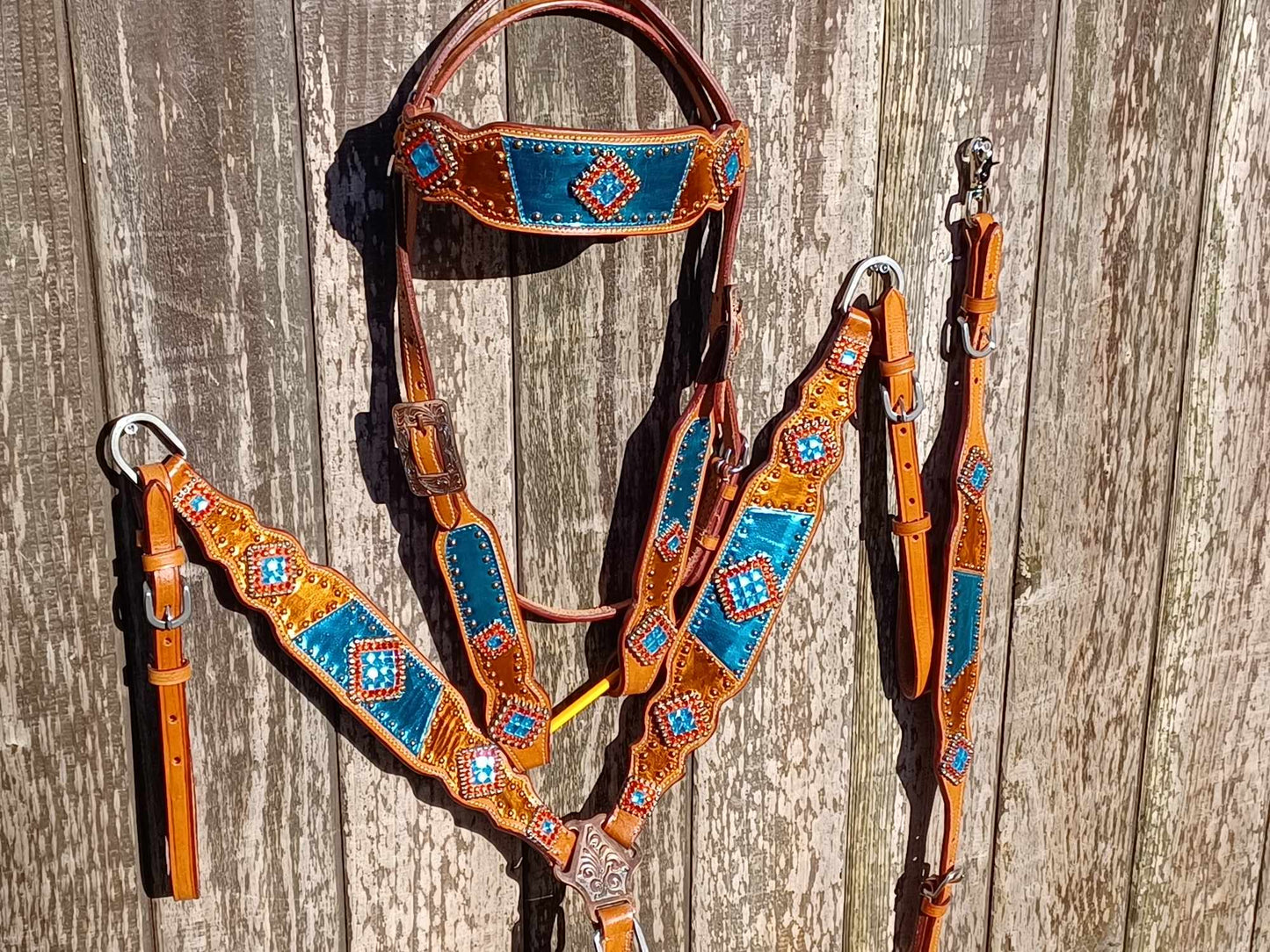 Teal and Orange Metallic Bling Horse Tack Bridle Set with Wither Strap