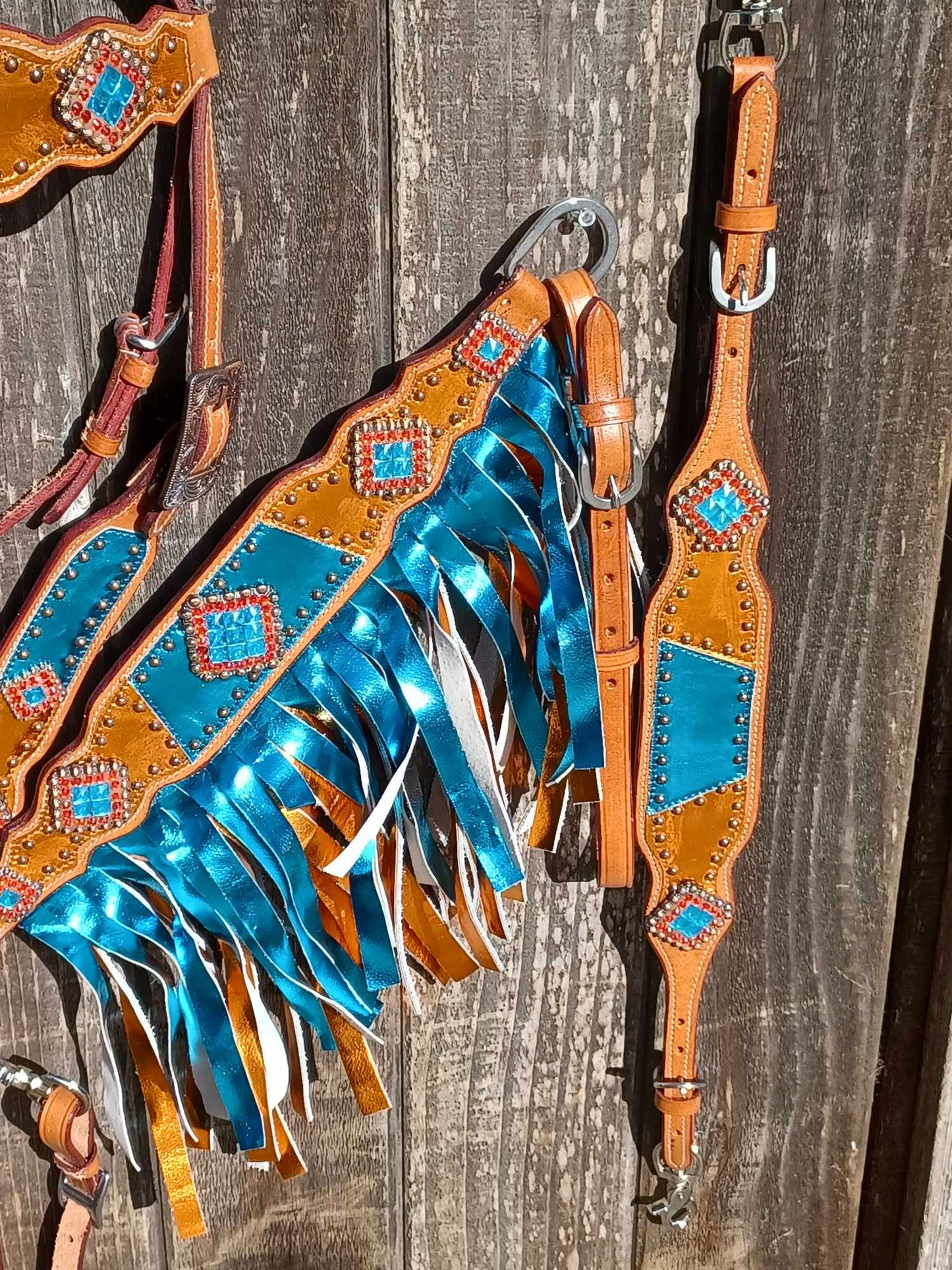 Teal and Orange Metallic Bling Horse Tack Fringe Bridle Set with Wither Strap