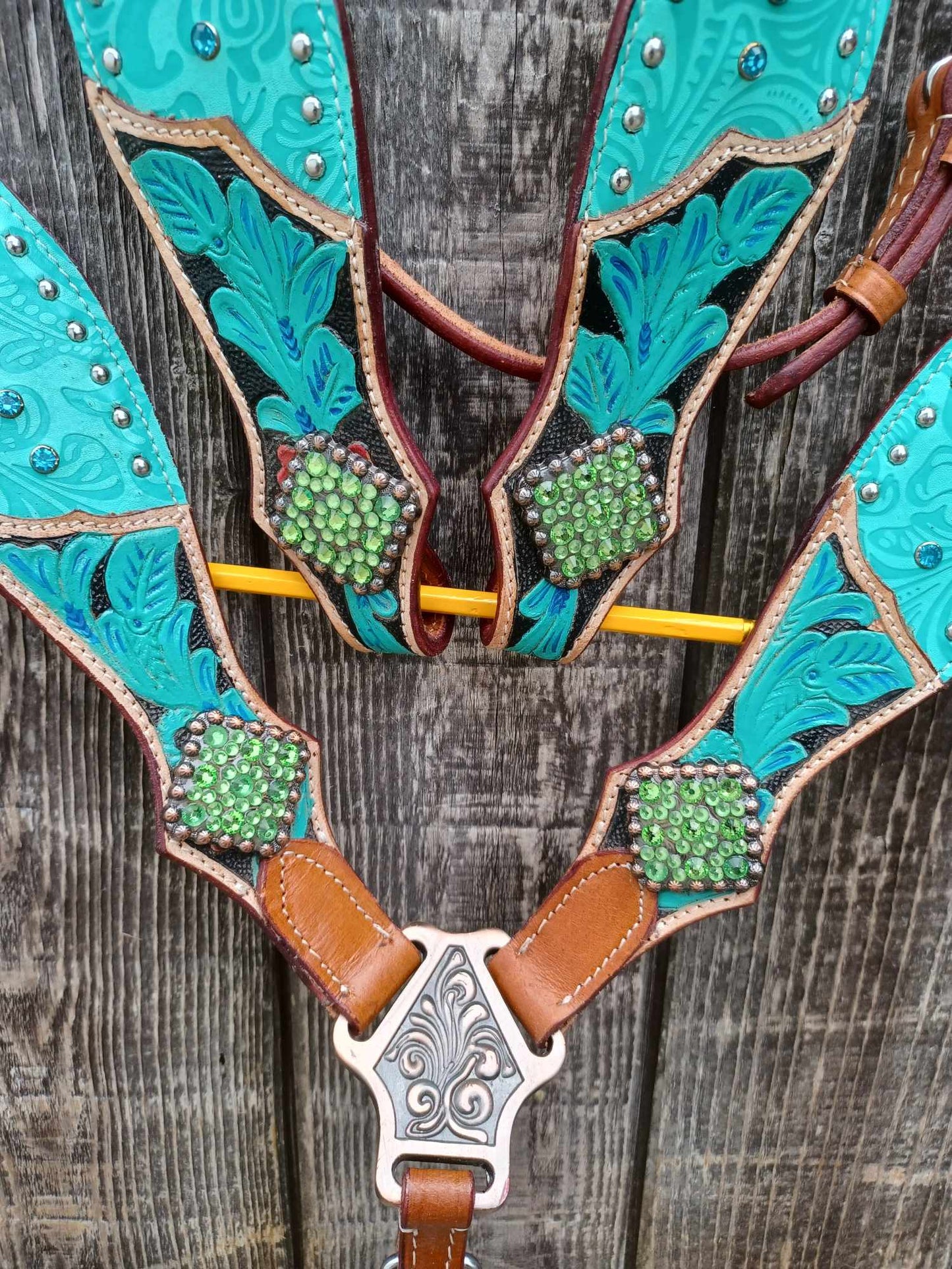 Tropical Turquoise Floral Filigree Tooled and Painted Horse Tack Bridle Set