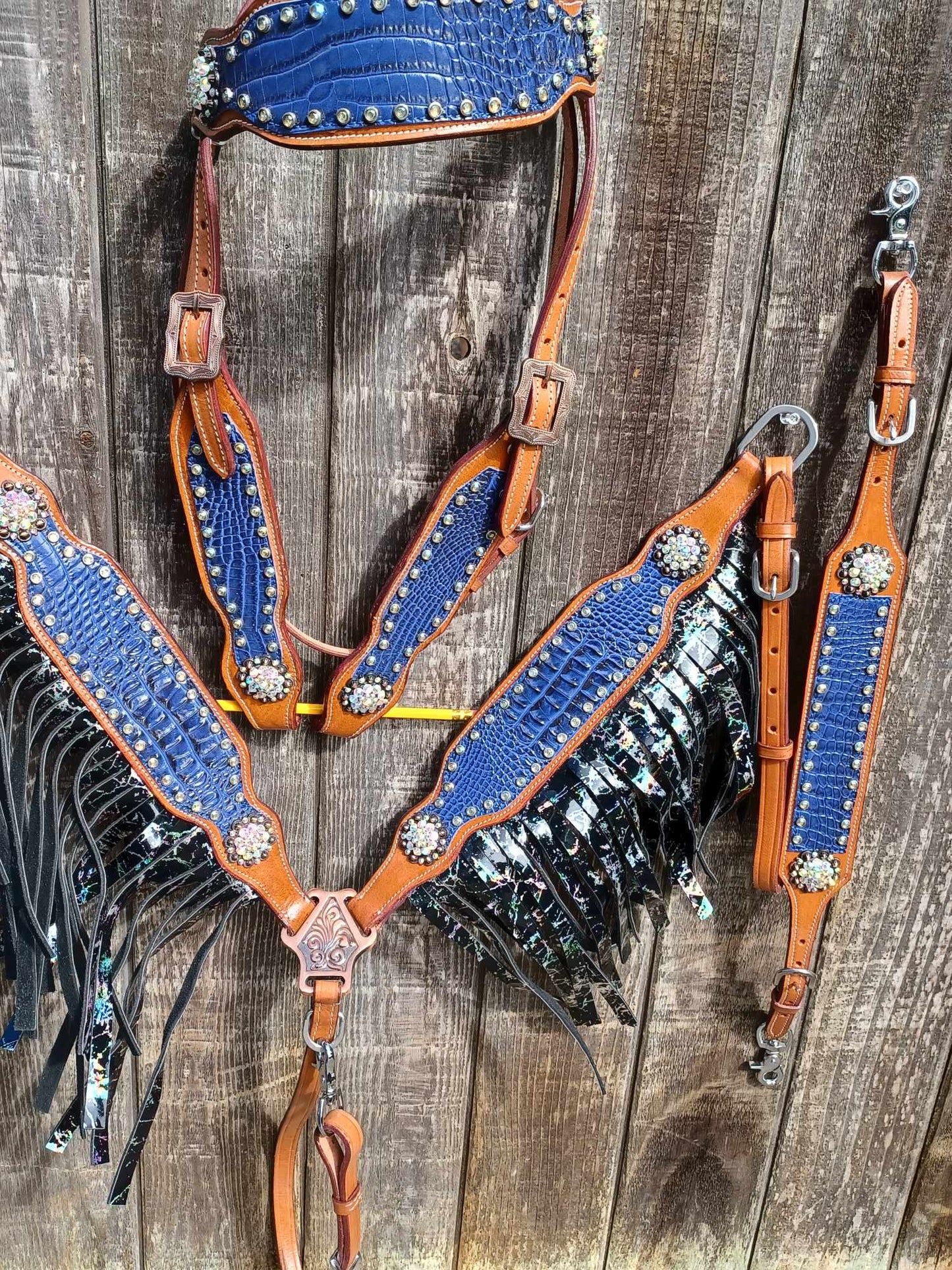 Electric Slide Purple Croc AB Crackle Fringe Headstall Breast Collar Set Wither Strap