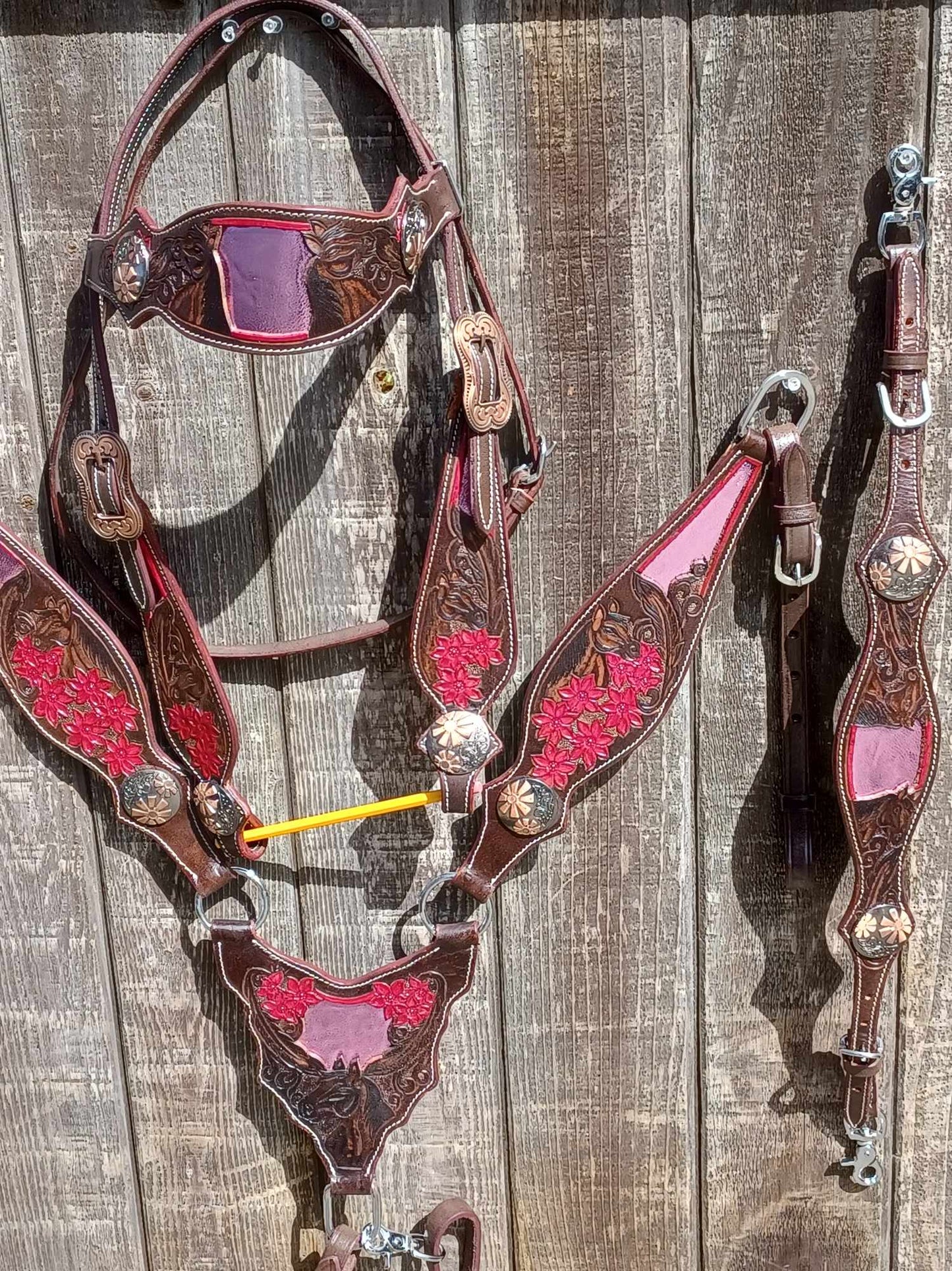 Horses Feathers Flowers Headstall and Breast Collar Sets Wither Strap Pink