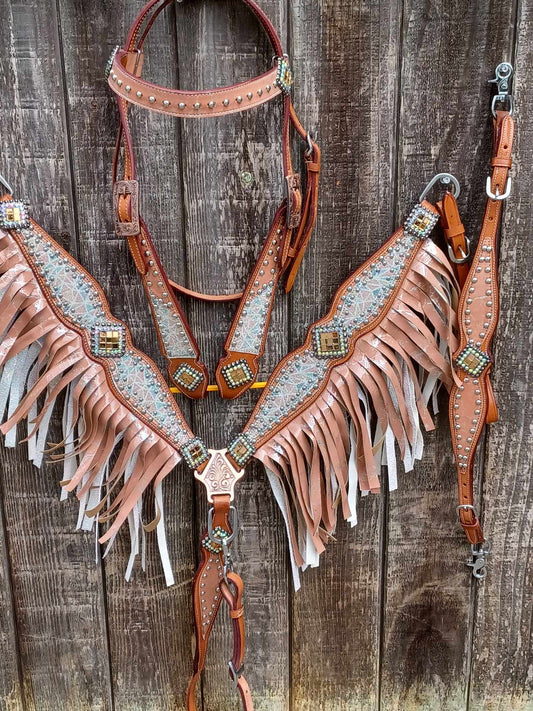 Matilda Double Fringe Glitter Headstall Breast Collar Set Wither Strap