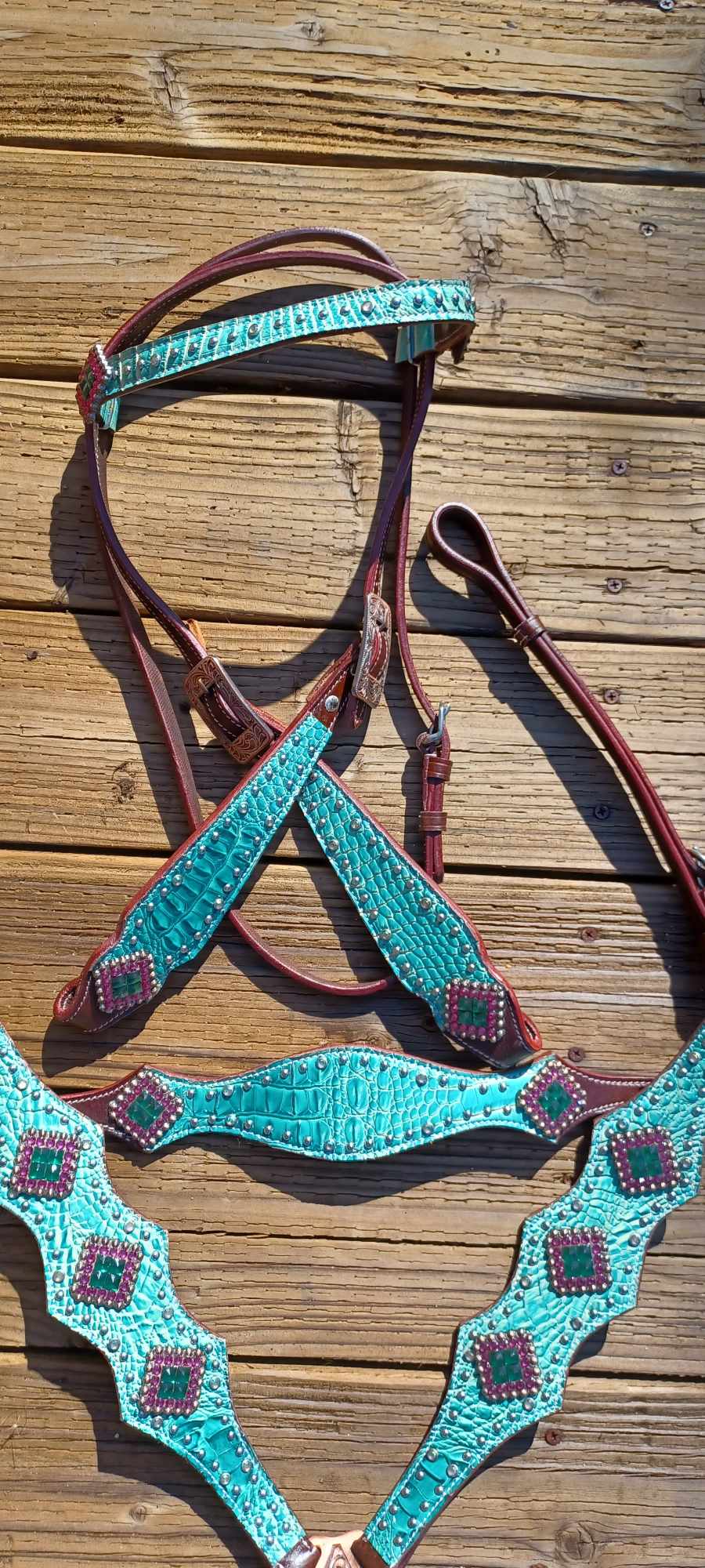 Watermelon Jade Teal Croc 3pc Full Brow Horse Tack Bridle Set