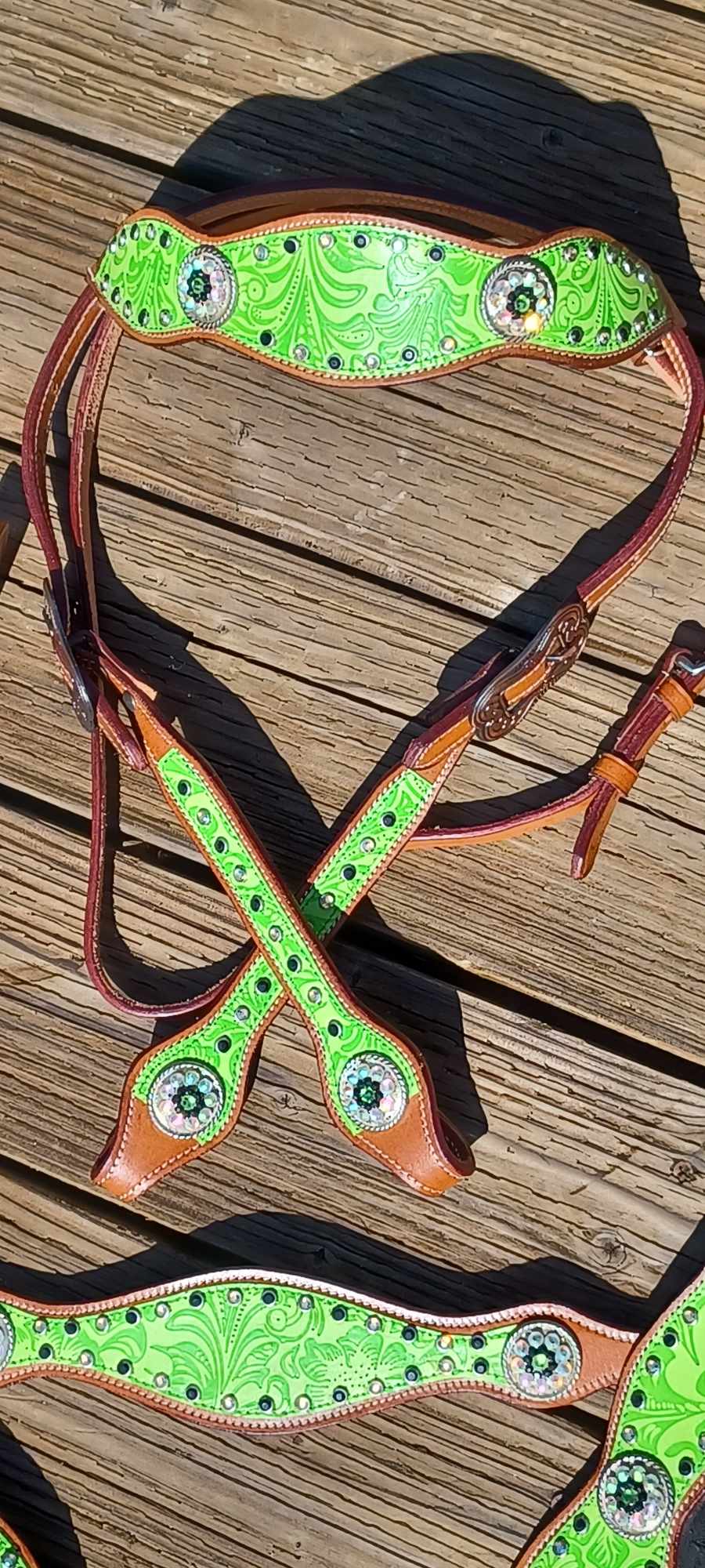 Lime Green Tropical Flower Fringe Horse Tack Bridle Set with Wither Strap