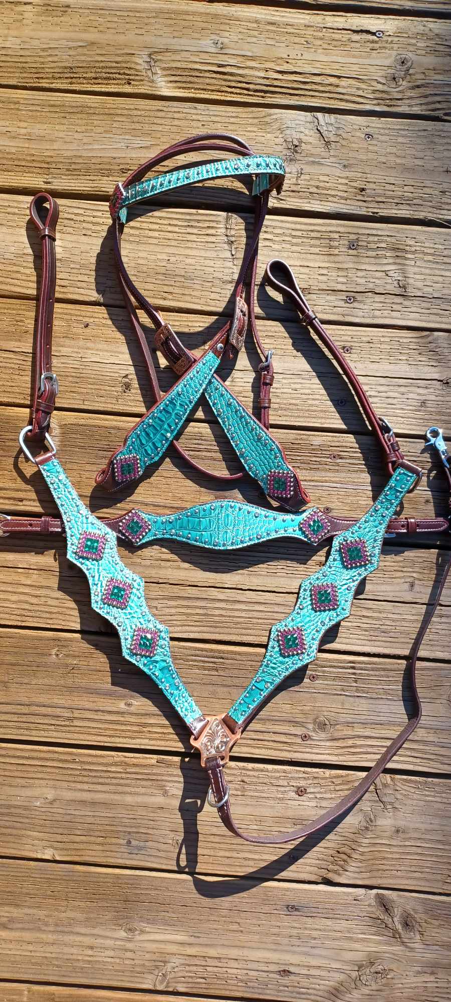 Watermelon Jade Teal Croc 3pc Full Brow Horse Tack Bridle Set