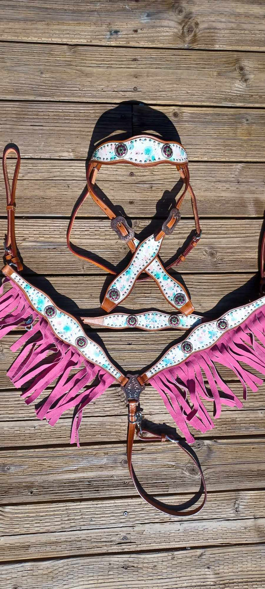 Splash Flower Teal and Pink Fringe Horse Tack Bridle Set with Wither Strap