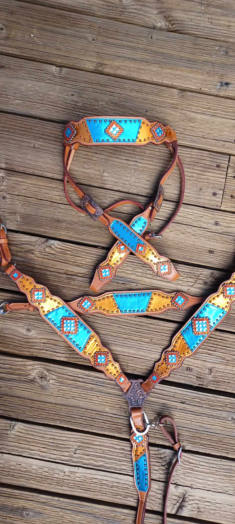 Teal and Orange Metallic Bling Horse Tack Bridle Set with Wither Strap