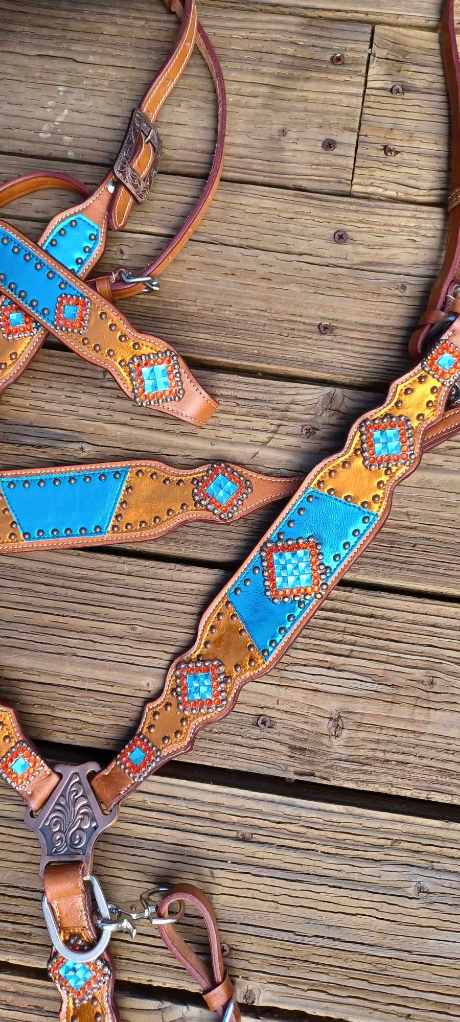 Teal and Orange Metallic Bling Horse Tack Bridle Set with Wither Strap