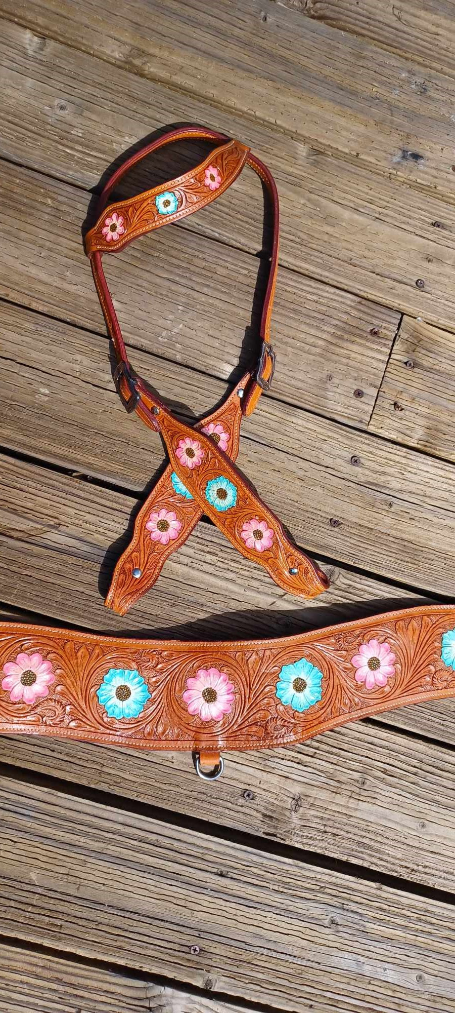 Flower Trip Hand Tooled Tripping Collar Horse Tack Bridle Set