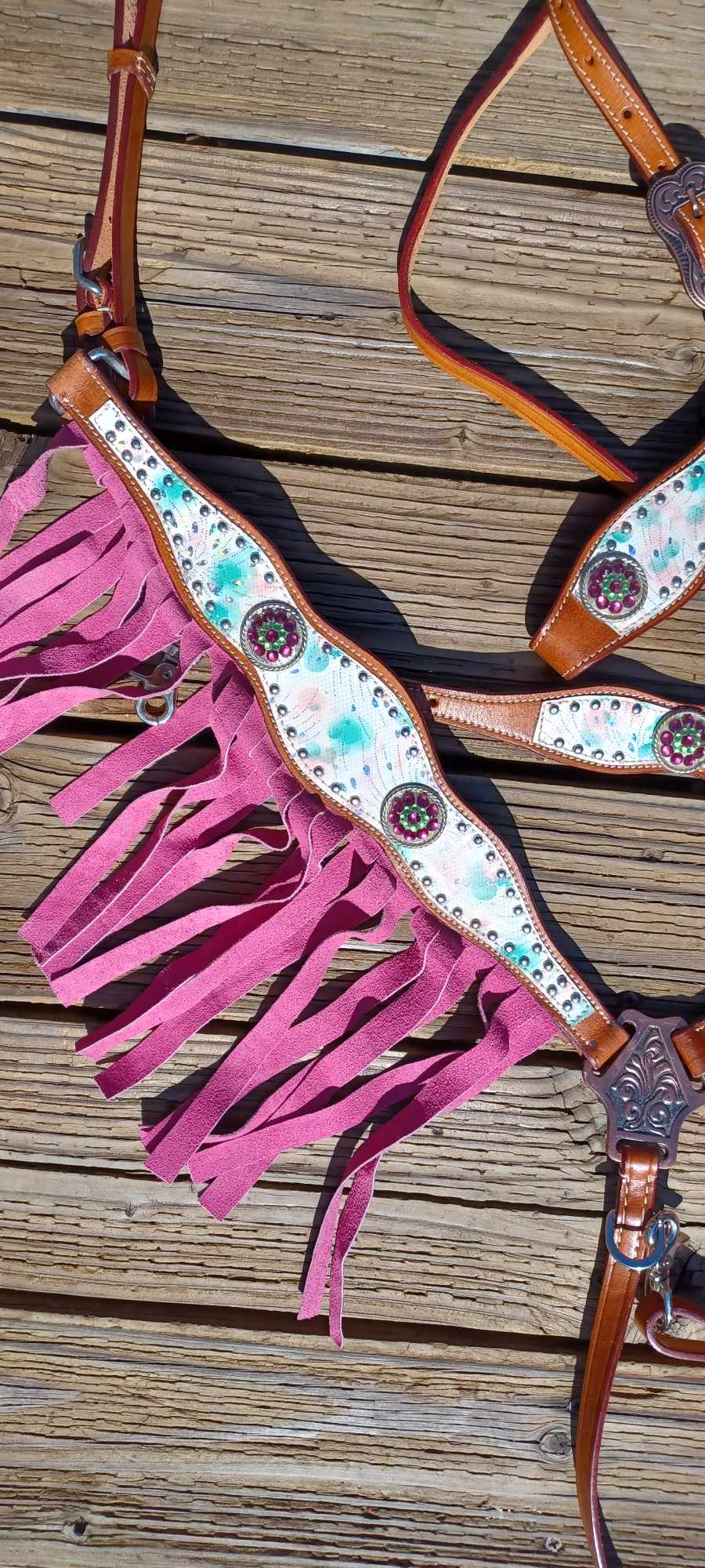 Splash Flower Teal and Pink Fringe Horse Tack Bridle Set with Wither Strap