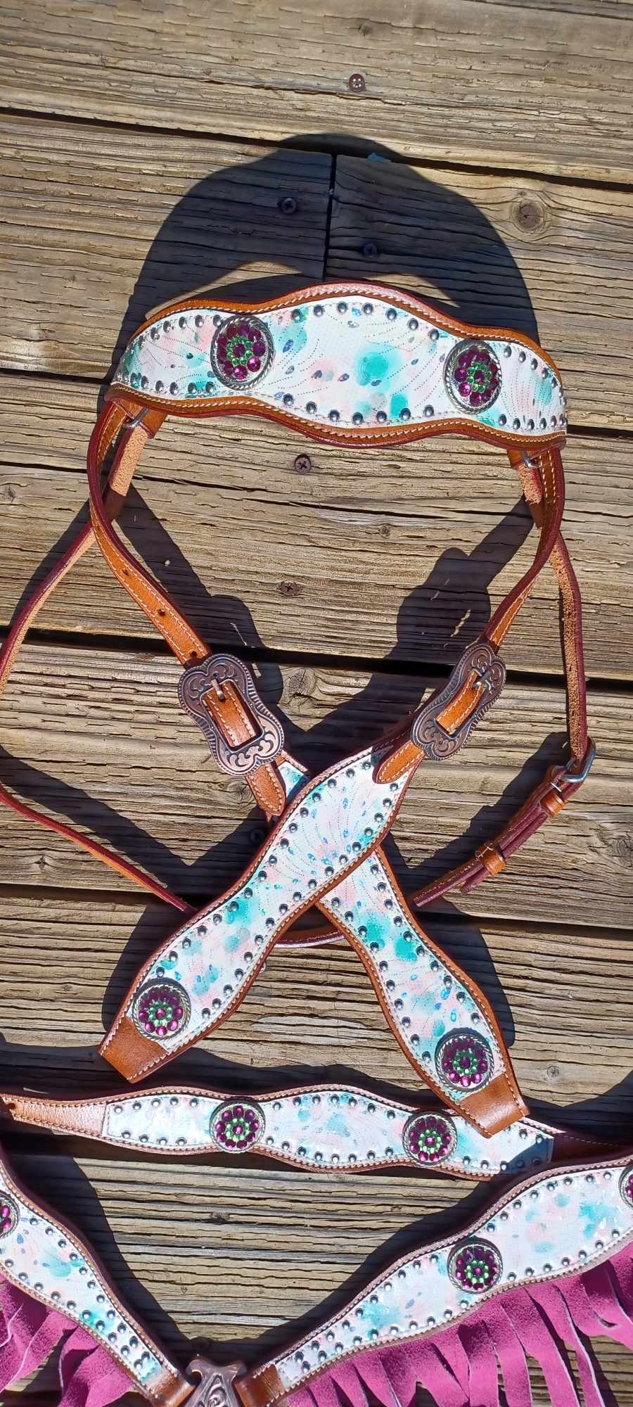 Splash Flower Teal and Pink Fringe Horse Tack Bridle Set with Wither Strap